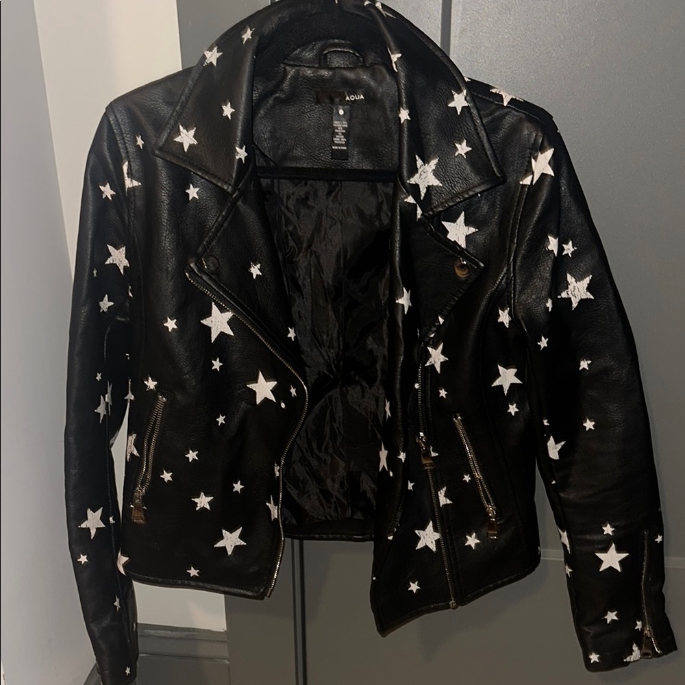 Star-Patterned Women's Faux Leather Moto Jacket